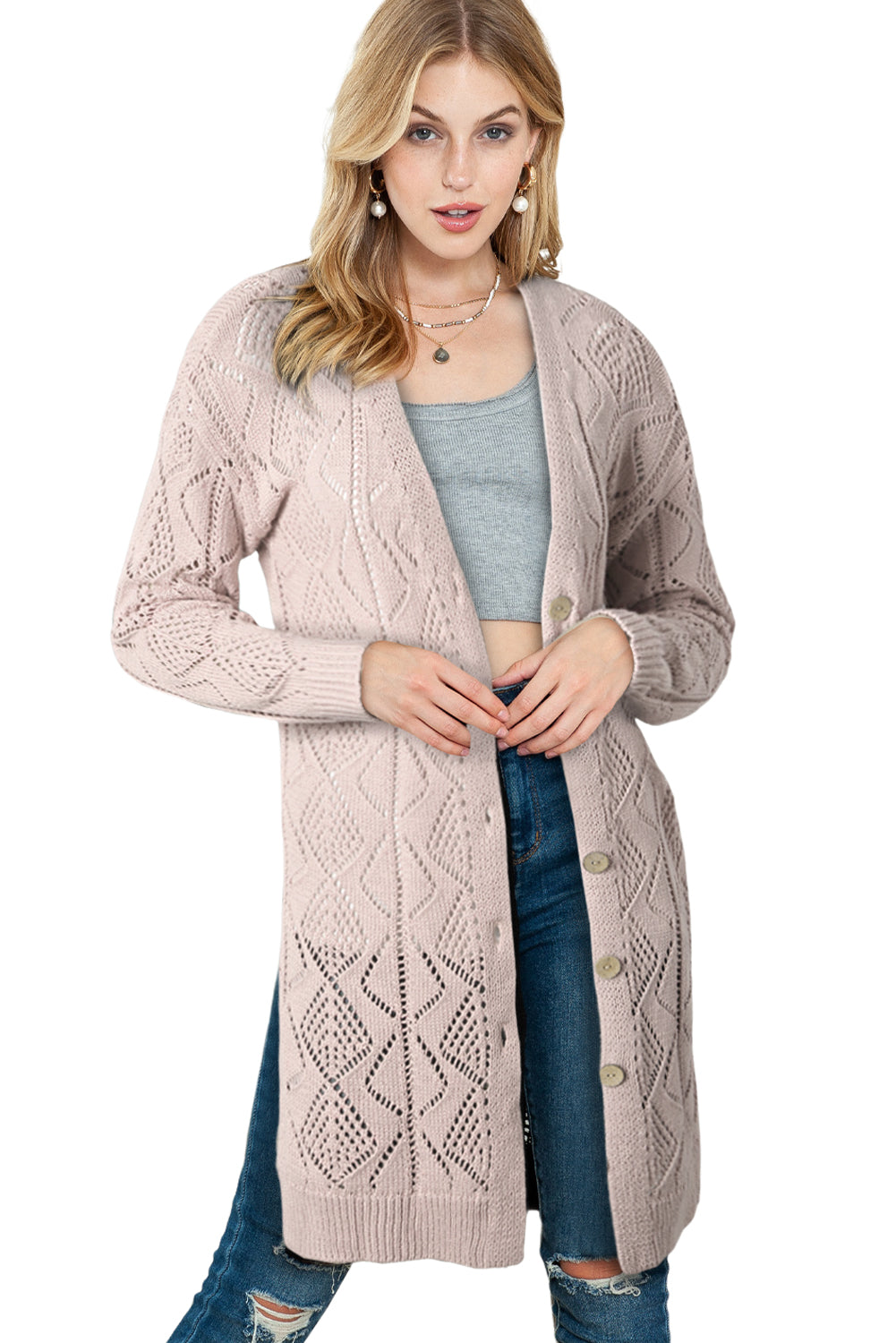 Cardigan long ample boutonné kaki ajouré