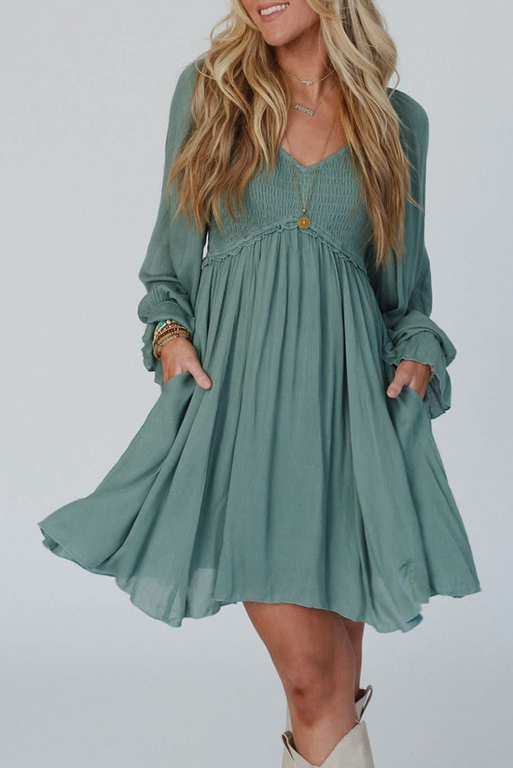 Mist Green Smocked Ruffled Bubble Sleeve Flowy Mini Dress