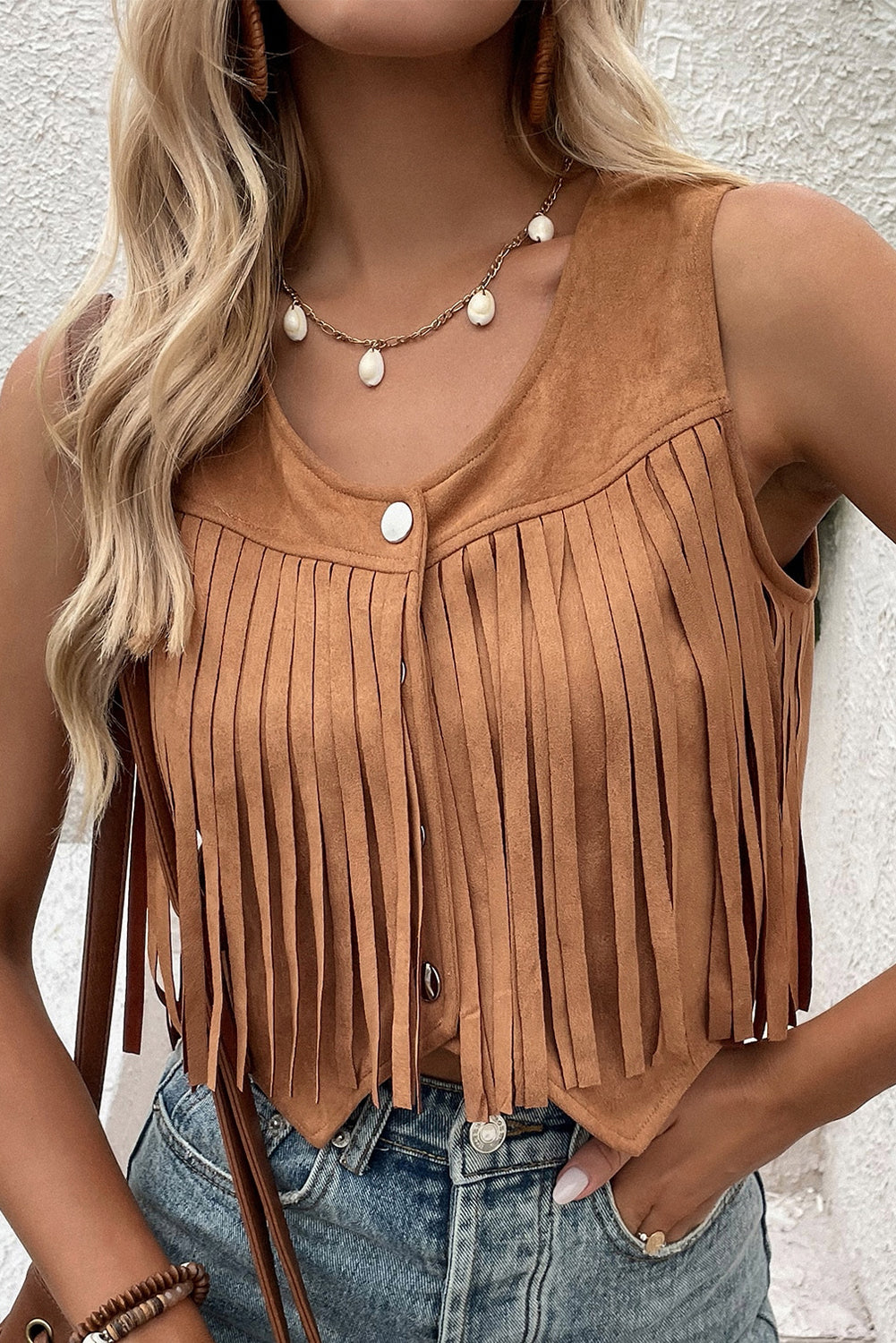 Camel Fringed Snap Button Front Cropped Suedette Vest