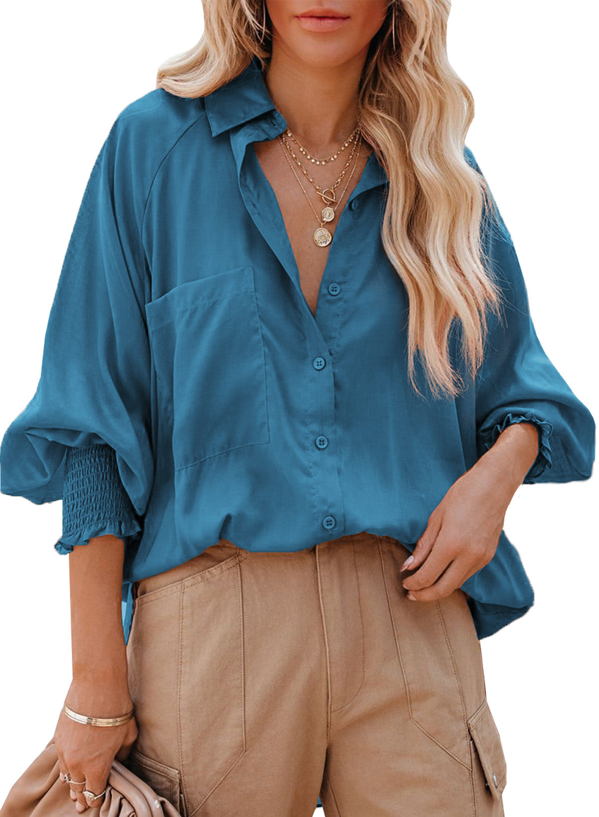 Blue Billowy Sleeves Pocketed Shirt