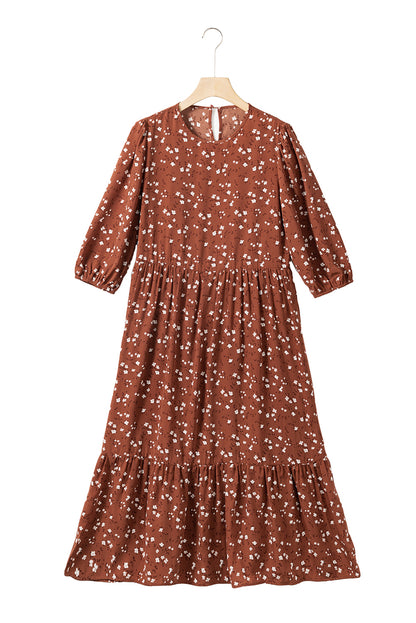 Chestnut Floral Print 3/4 Sleeve Ruffle Hem Midi Dress