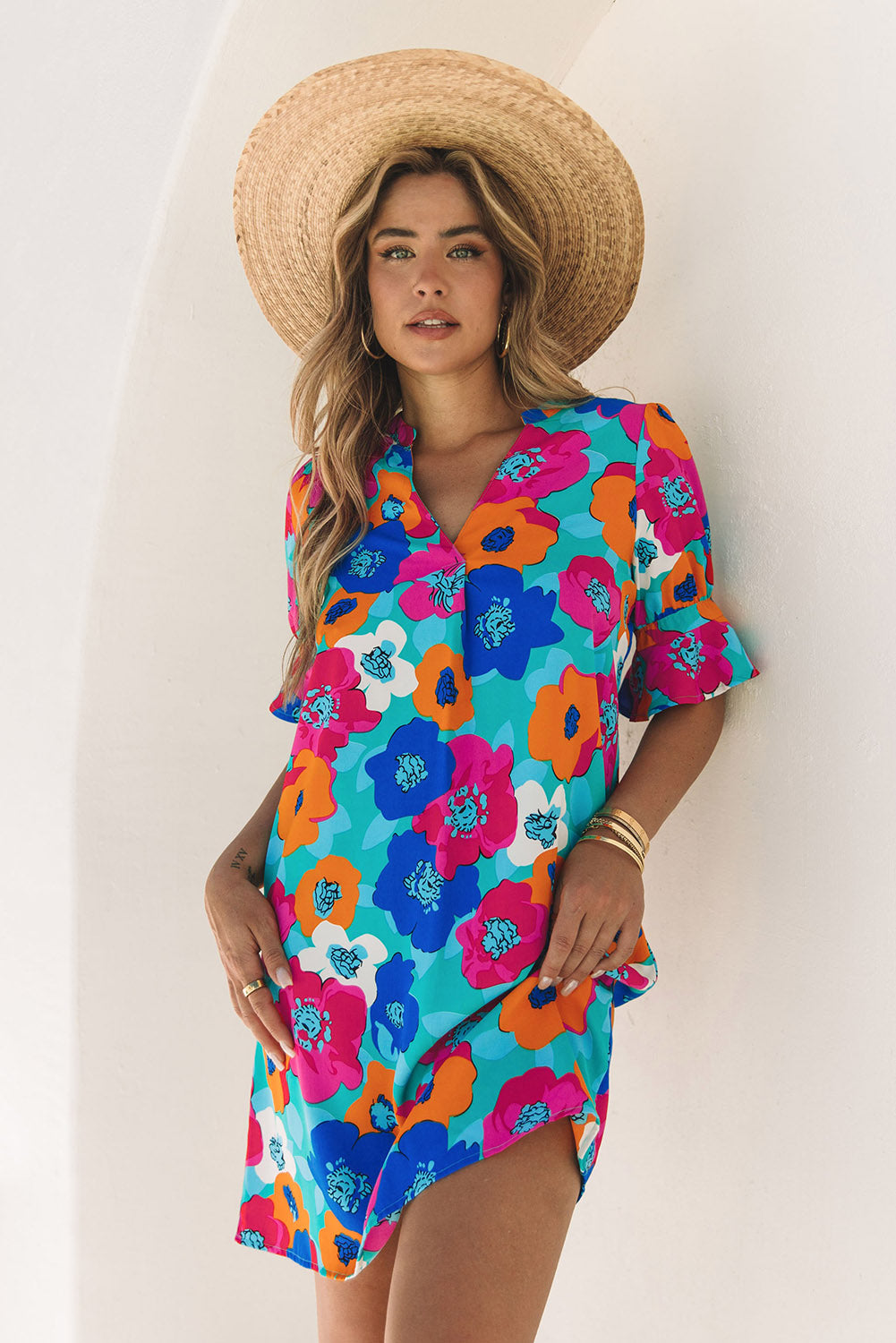 Robe tunique multicolore à manches courtes et col mandarin à imprimé floral