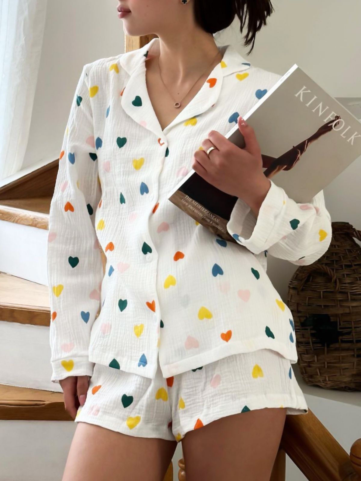 Women's Temperament Leisure Heart Printing Long-sleeved Shirt And Shorts Suit