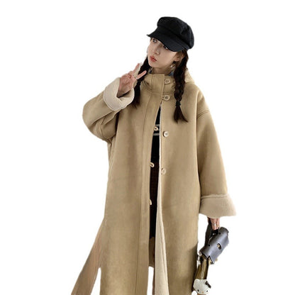 Windproof Stand Collar Hooded Loose Single-breasted Khaki Retro Fur Coat