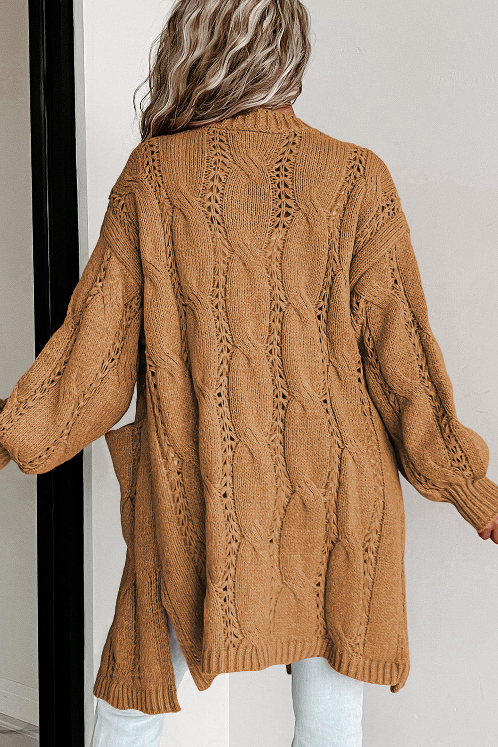 Khaki Ribbed Trim Hollow Knit Side Slits Cardigan