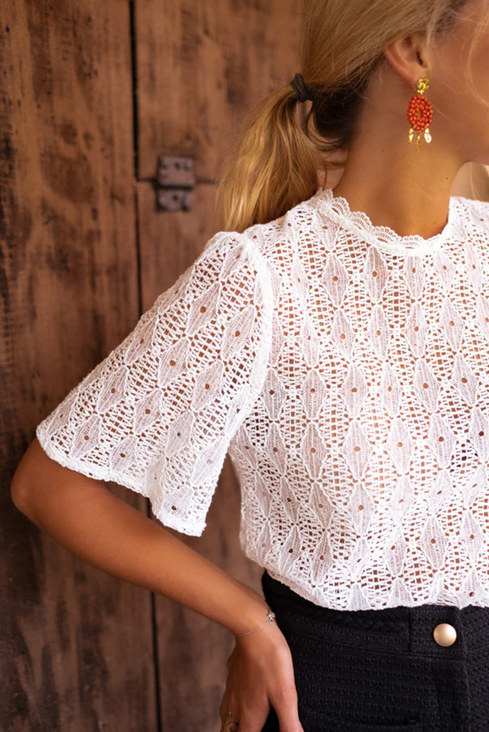 White Short Sleeve Keyhole Back Lace Blouse