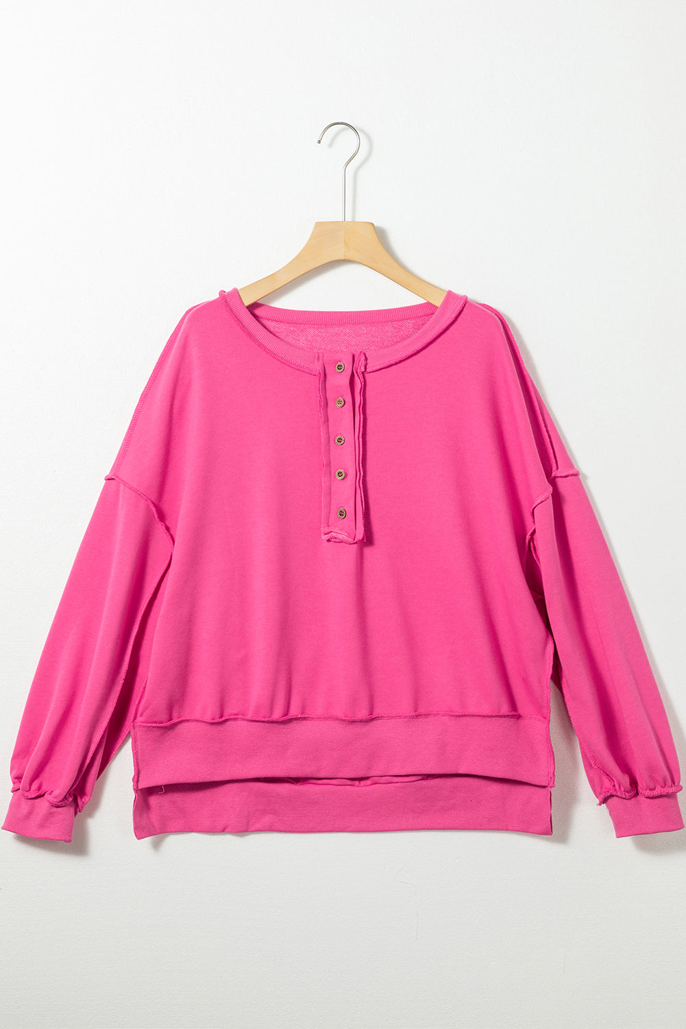 Sweat-shirt Henley ample à épaules tombantes rose vif