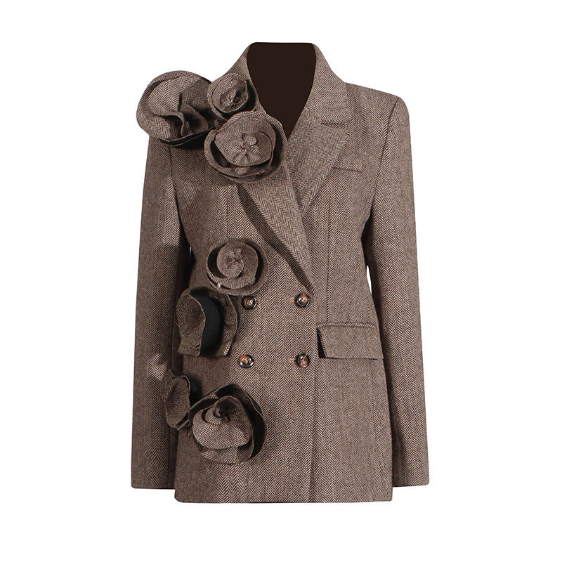 Veste de costume à double boutonnage pour femme, style de voyage, couture décorative florale tridimensionnelle faite à la main