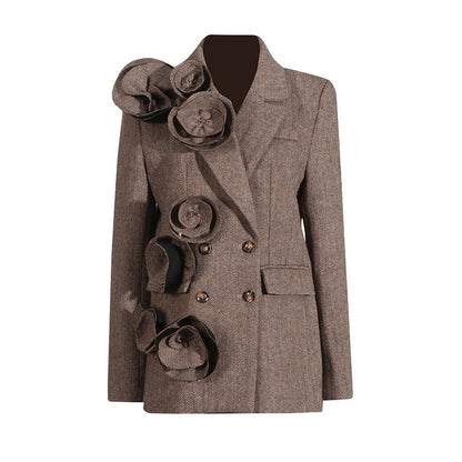 Veste de costume à double boutonnage pour femme, style de voyage, couture décorative florale tridimensionnelle faite à la main