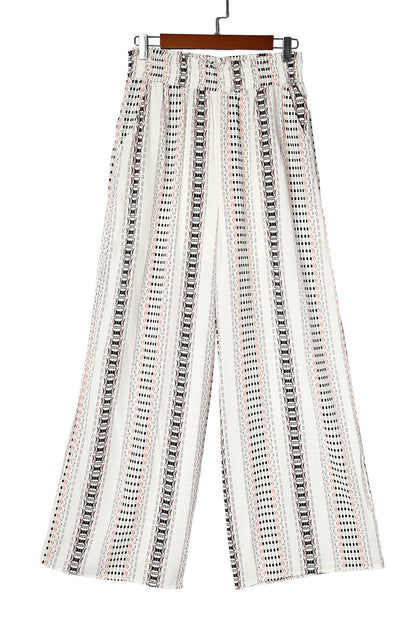 Pantalon large froncé décontracté à imprimé géométrique beige