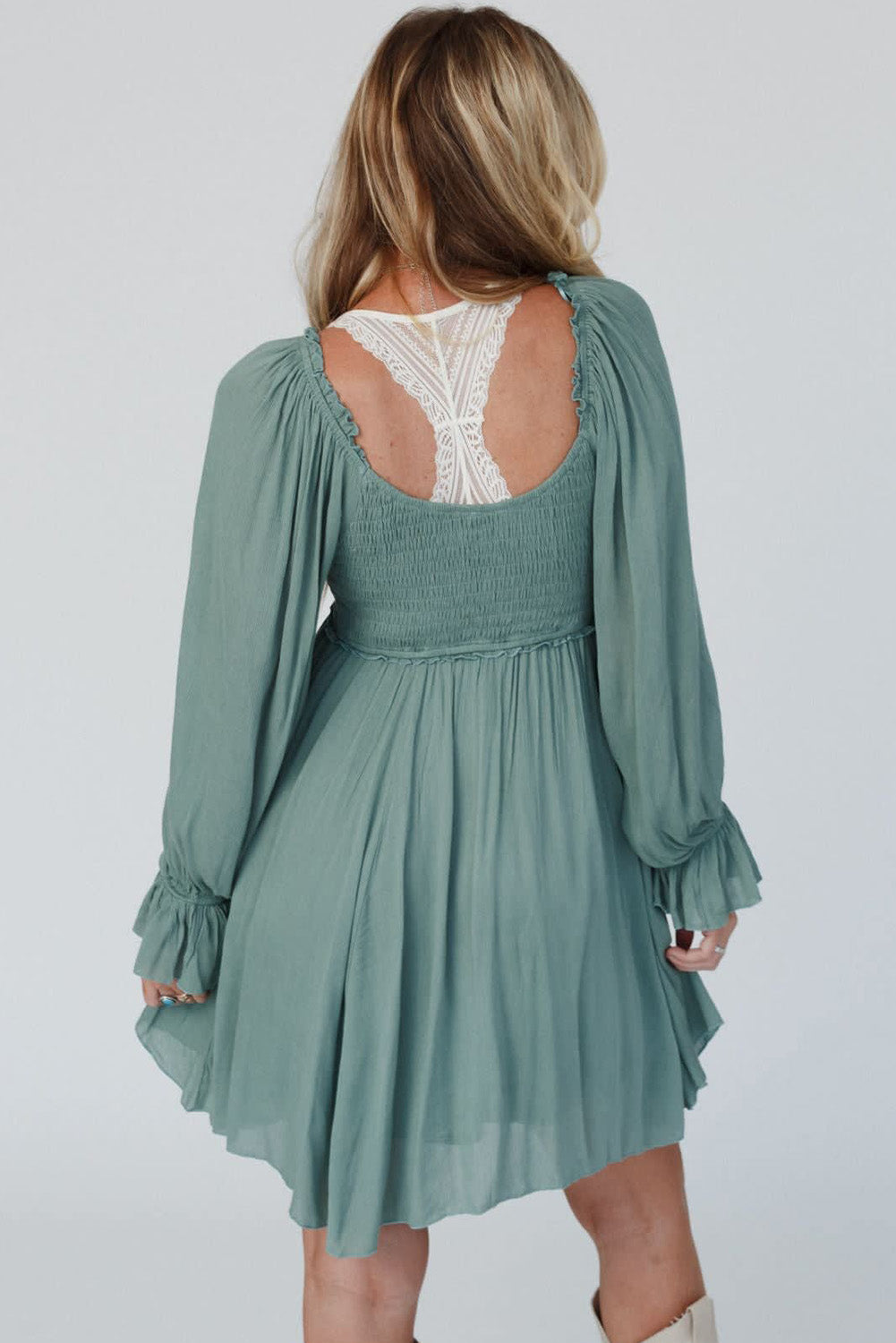 Mist Green Smocked Ruffled Bubble Sleeve Flowy Mini Dress