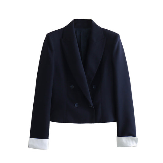 Manteau court croisé à revers patchwork pour femme