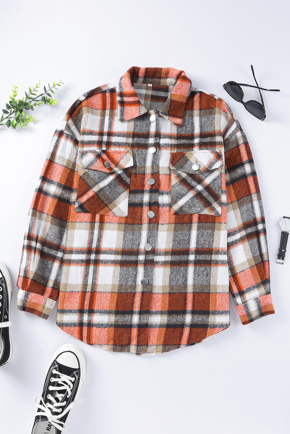 Orange Chest Pockets Flannel Plaid Shacket