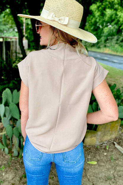 Oatmeal Solid Color Short Sleeve Zip Back Blouse