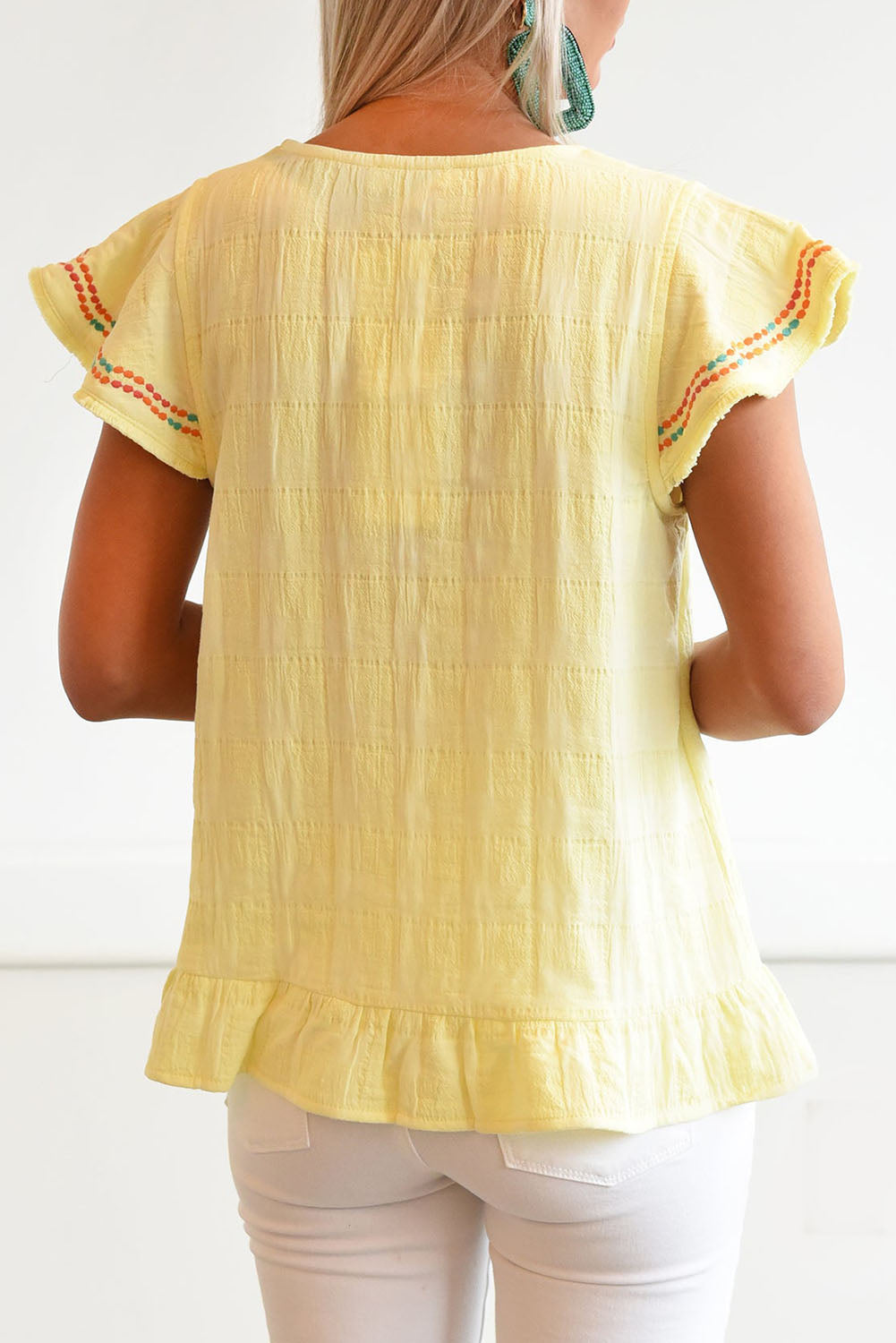 Yellow Geometric Embroidery Ruffles V Neck Textured Top