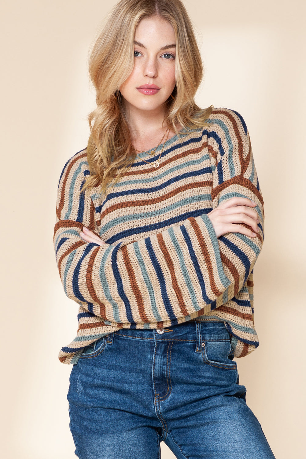 Gray Stripe Knitted Drop Sleeve Cropped Loose Sweater