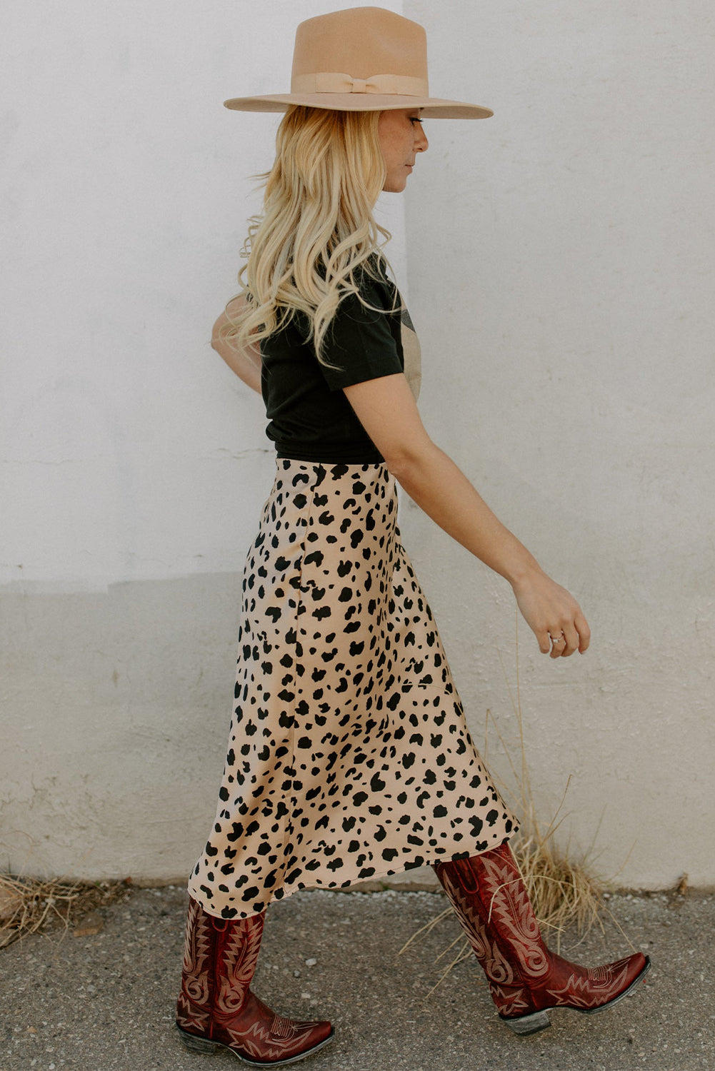 Khaki Leopard Print Side Split Midi Skirt