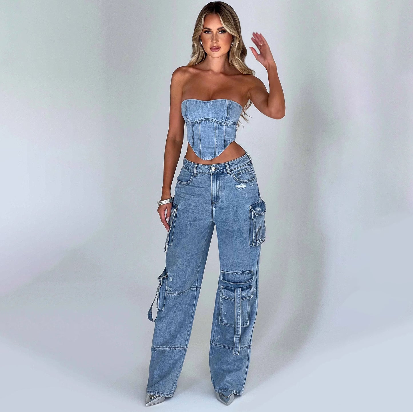 Jean taille basse en trois dimensions pour femmes, style américain, avec coutures de poche