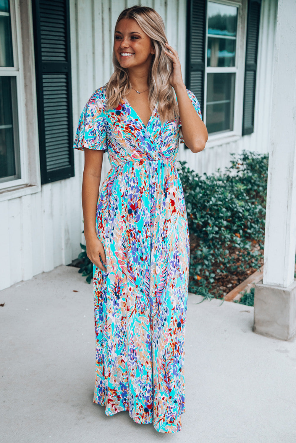 Green Wrap V Neck Floral Maxi Dress