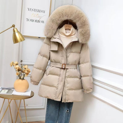 All-matching Hooded Warm Big Fur Collar Casual Mid-length Down Jacket