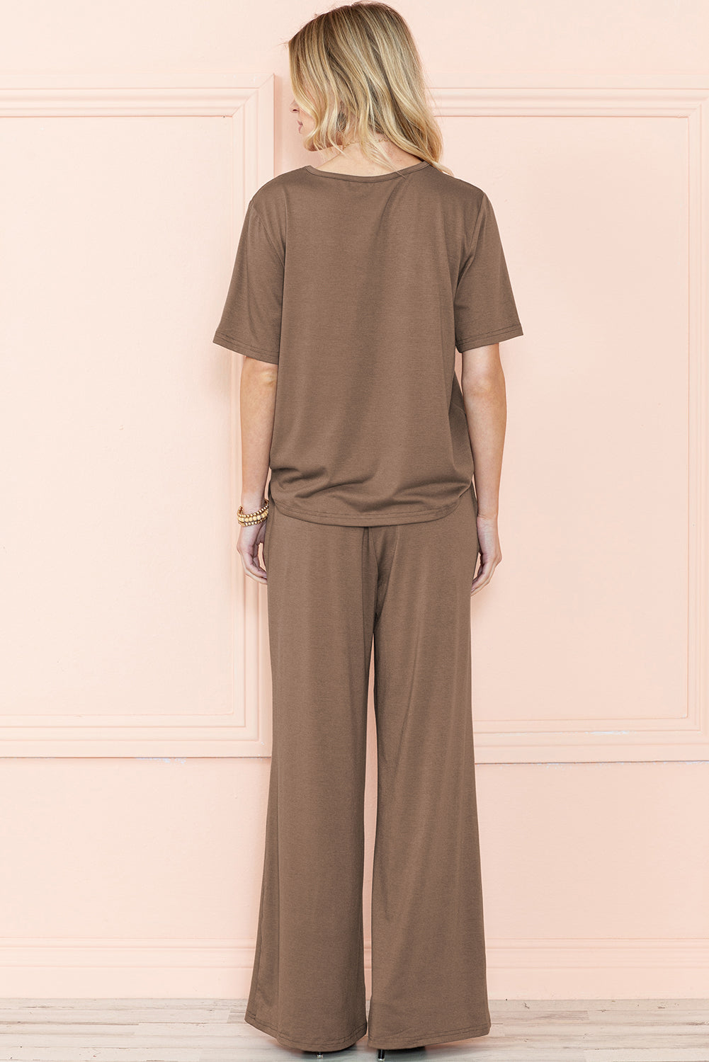 Black Solid Color T-Shirt and Wide Leg Pants Set