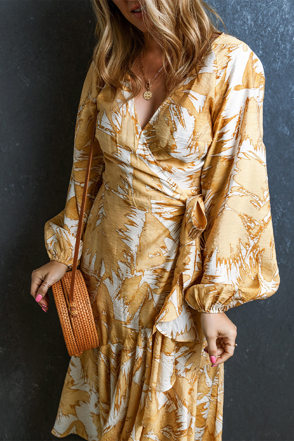 Yellow Long Sleeve Boho Flounce Hem Wrap Dress