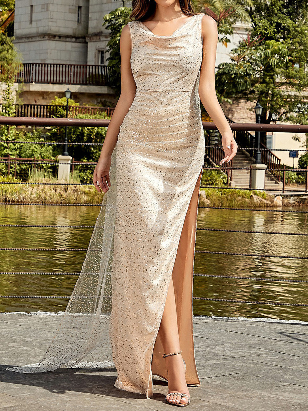 Apricot Mesh Sleeveless Strap Cloak Sequined Long Dress