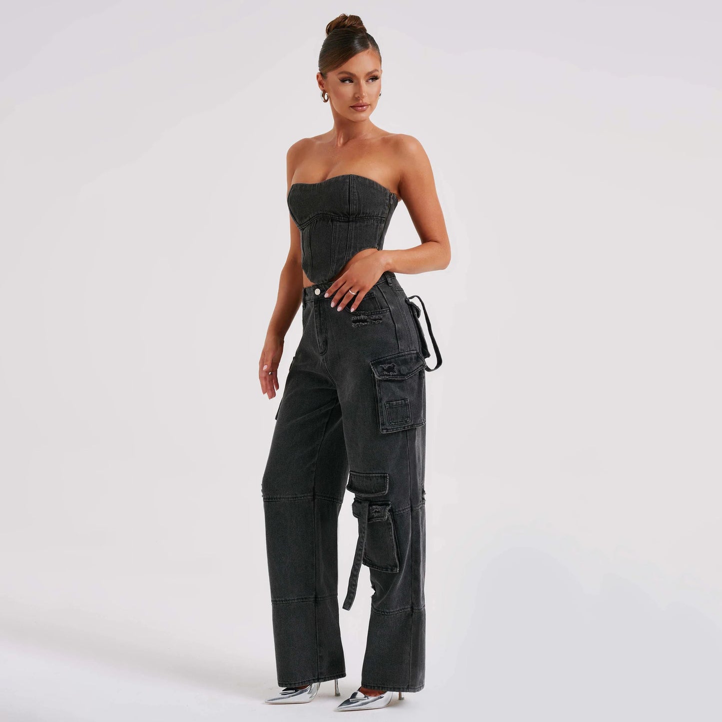 Jean taille basse en trois dimensions pour femmes, style américain, avec coutures de poche