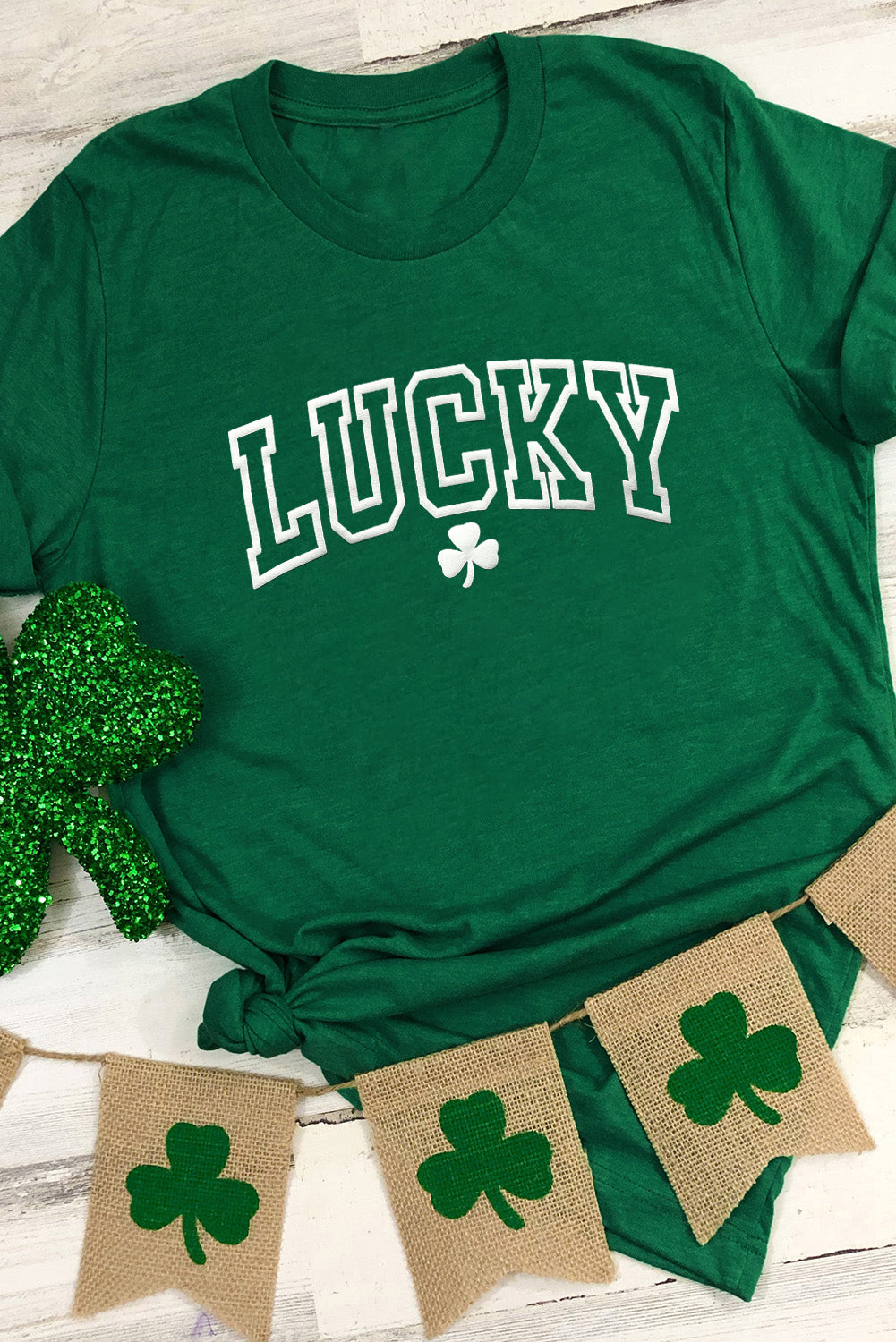 T-shirt décontracté vert LUCKY Clover Puff Graphic à col rond