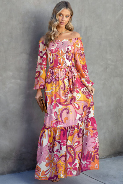 Robe longue bohème florale smockée à épaules dénudées et manches bouffantes multicolore