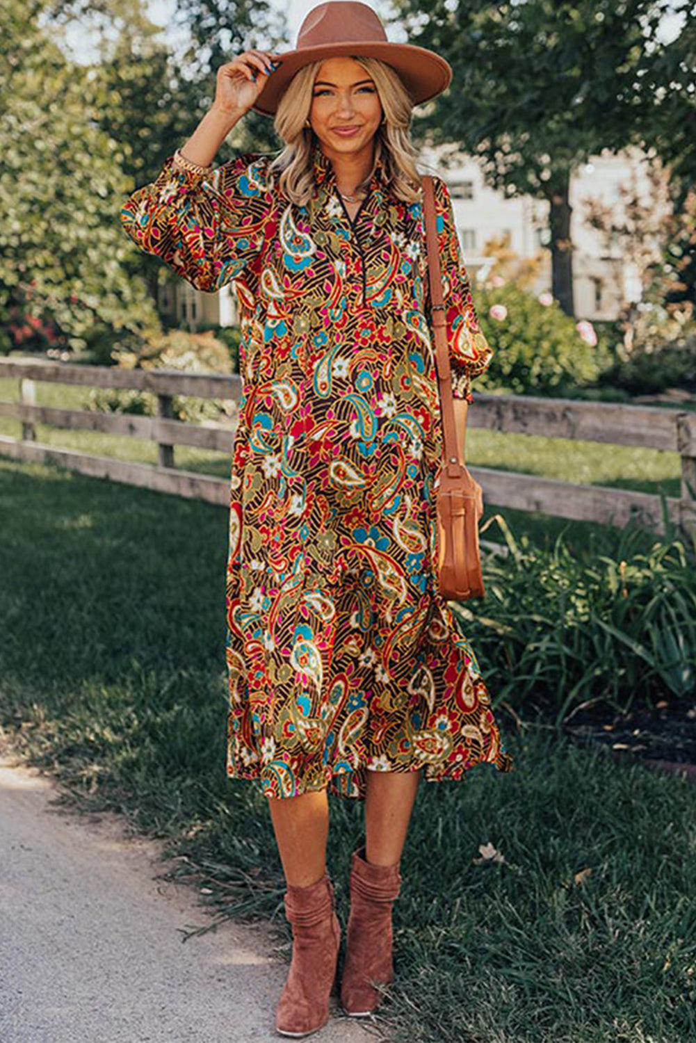 Yellow Paisley Abstract Print Collared 3/4 Sleeve Midi Dress