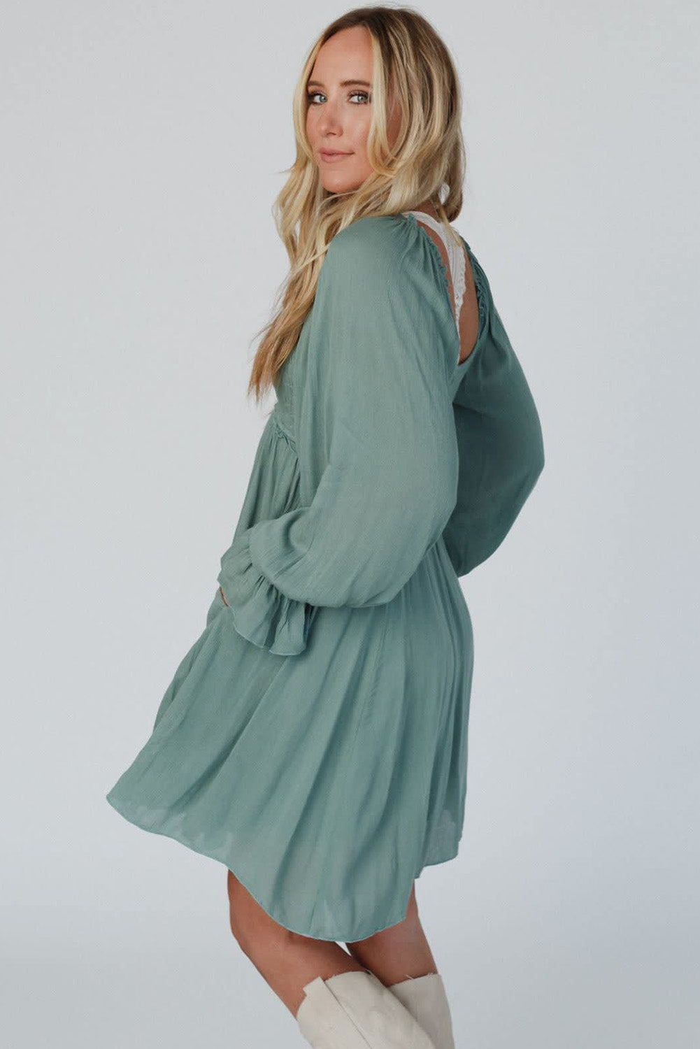 Mist Green Smocked Ruffled Bubble Sleeve Flowy Mini Dress