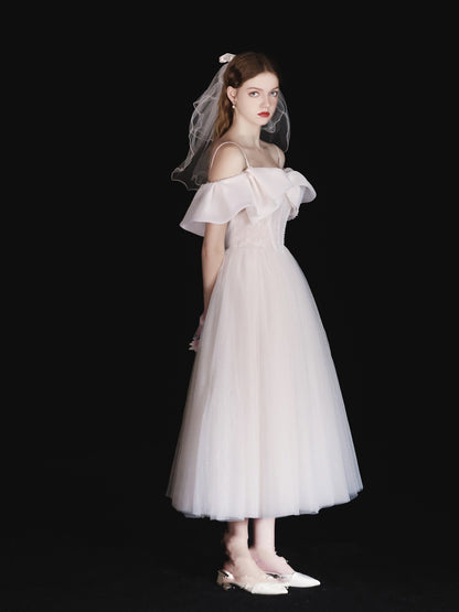 Robe à bretelles blanche mi-longue pour femme, robe de mariée