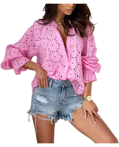 Women's Cotton Casual Hollow-out Design Lantern Long-sleeved Shirt