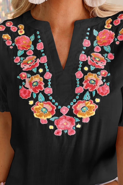 Blouse noire à manches bouffantes et à volants style Boho brodé de fleurs