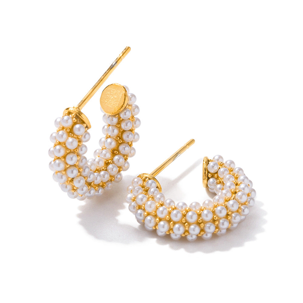 18k Gold Noble and Novelty C-Shaped Earrings Encrusted with Pearls