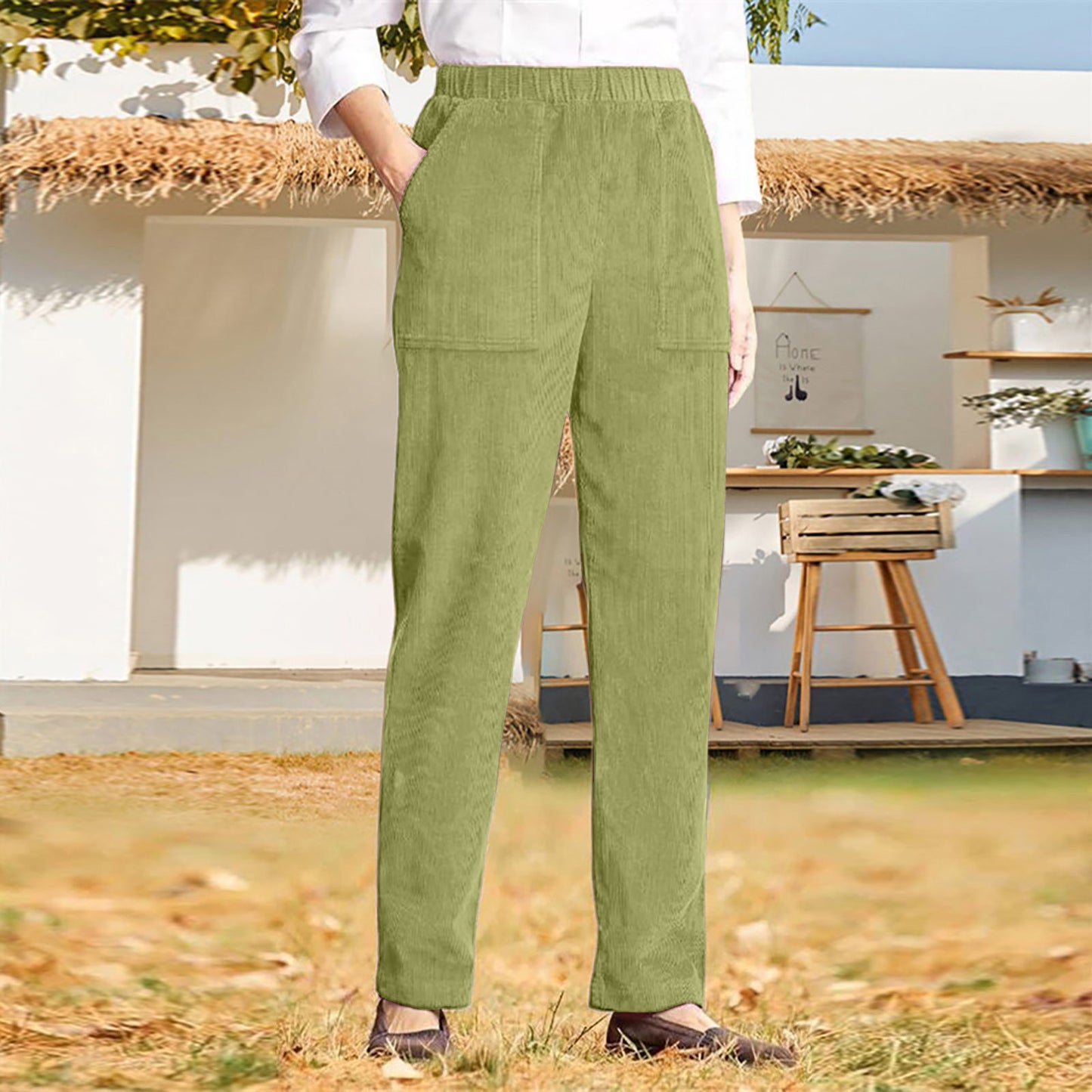 Pantalon décontracté droit rayé à taille élastique de couleur pure pour femme