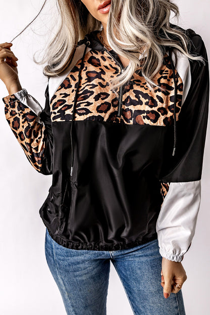 Black Leopard Print Contrast Stitching Hoodie