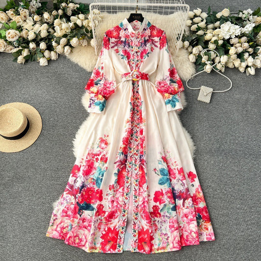 Women's Spring And Autumn New High-grade Stand Collar Lantern Long Sleeve Waist-tight Printed Dress