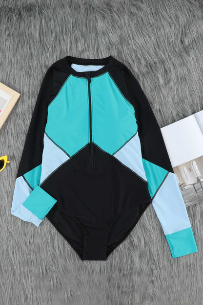 Blue Color Block Zipper Long Sleeve Rash Guard Swimwear