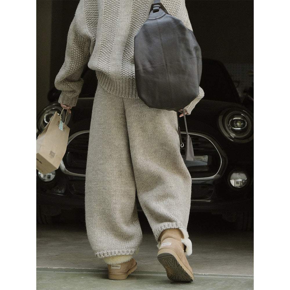 Retro Iceland Yarn Thick Knitted Casual Pants Loose Wool Trousers