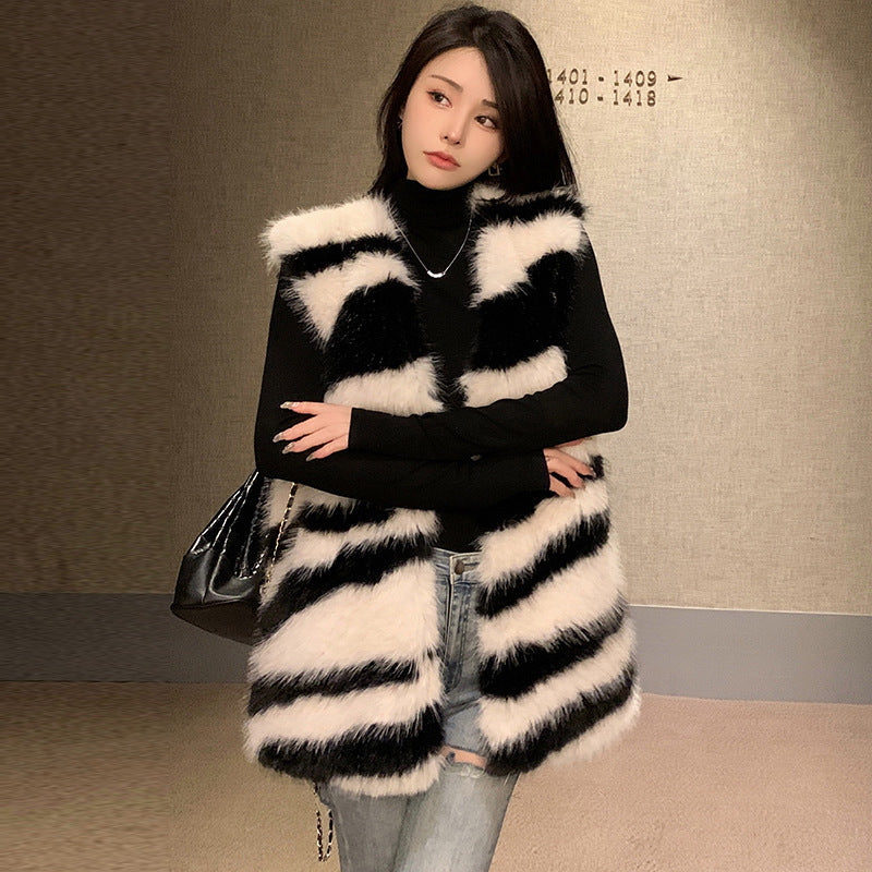 Zebra Pattern Female Temperament Environmental Protection Fur Fried Street Vest Coat