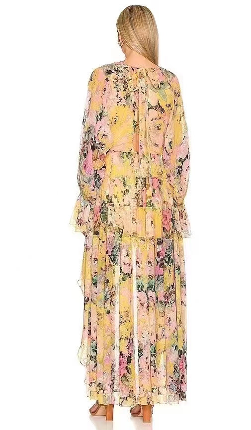 Damen Frühling Herbst V-Ausschnitt Urlaub Langarm Blumen A-Linie Maxi Rüschen Stufen High Low Kleid