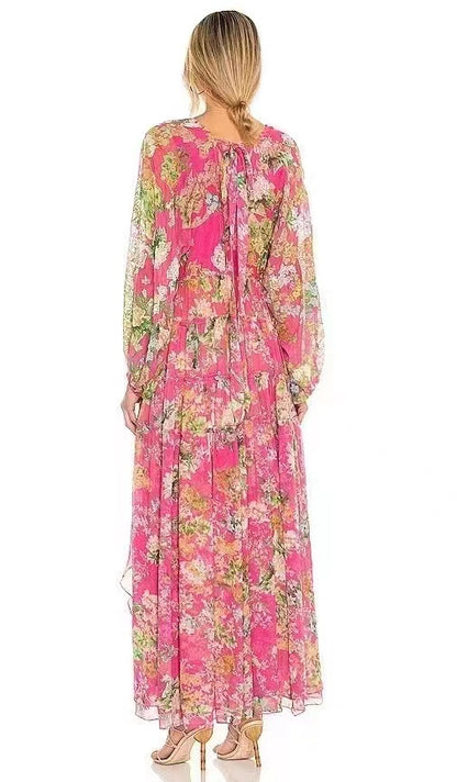 Damen Frühling Herbst V-Ausschnitt Urlaub Langarm Blumen A-Linie Maxi Rüschen Stufen High Low Kleid