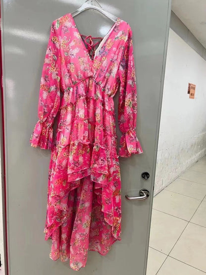 Damen Frühling Herbst V-Ausschnitt Urlaub Langarm Blumen A-Linie Maxi Rüschen Stufen High Low Kleid