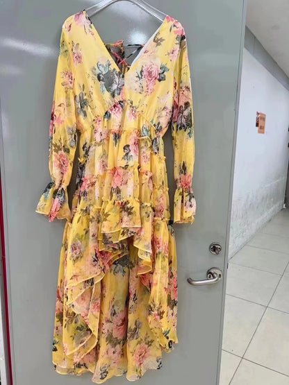 Damen Frühling Herbst V-Ausschnitt Urlaub Langarm Blumen A-Linie Maxi Rüschen Stufen High Low Kleid