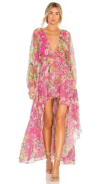 Damen Frühling Herbst V-Ausschnitt Urlaub Langarm Blumen A-Linie Maxi Rüschen Stufen High Low Kleid