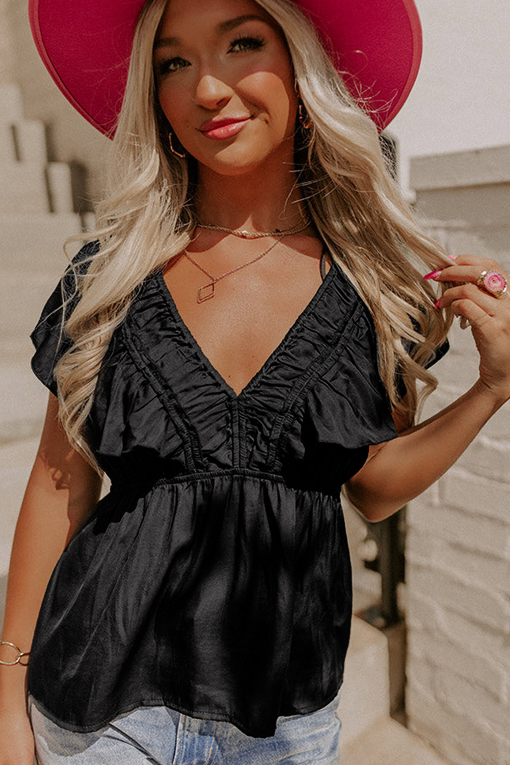 Black V Neck Ruffle Babydoll Peplum Top