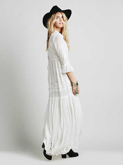 Women Spring and Autumn Elegant Bohemian Embroidered Long Dress Embroidered Fairy Dress