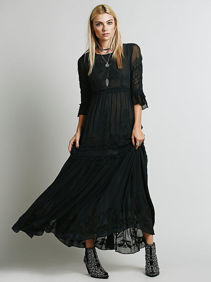 Women Spring and Autumn Elegant Bohemian Embroidered Long Dress Embroidered Fairy Dress